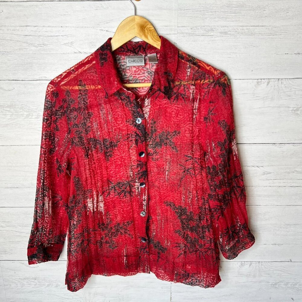 Chicos Blouse Womens SZ 1 / M Red, Black & White Floral Bamboo Print Linen Blend - Picture 3 of 15
